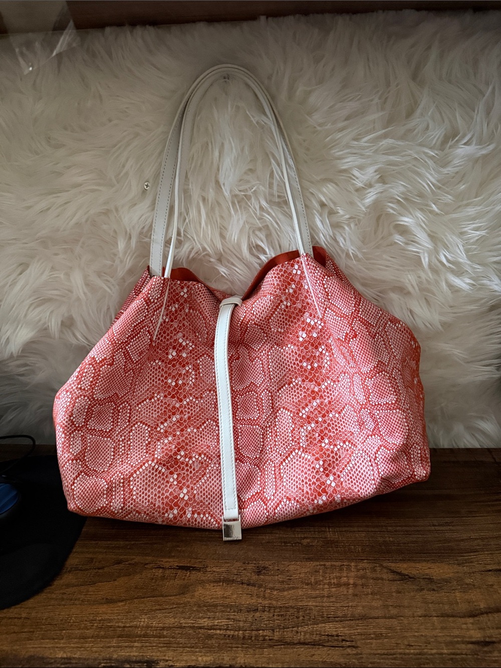 Tiffany & Co. Coral Pink Snake-Print Tote with White Handles